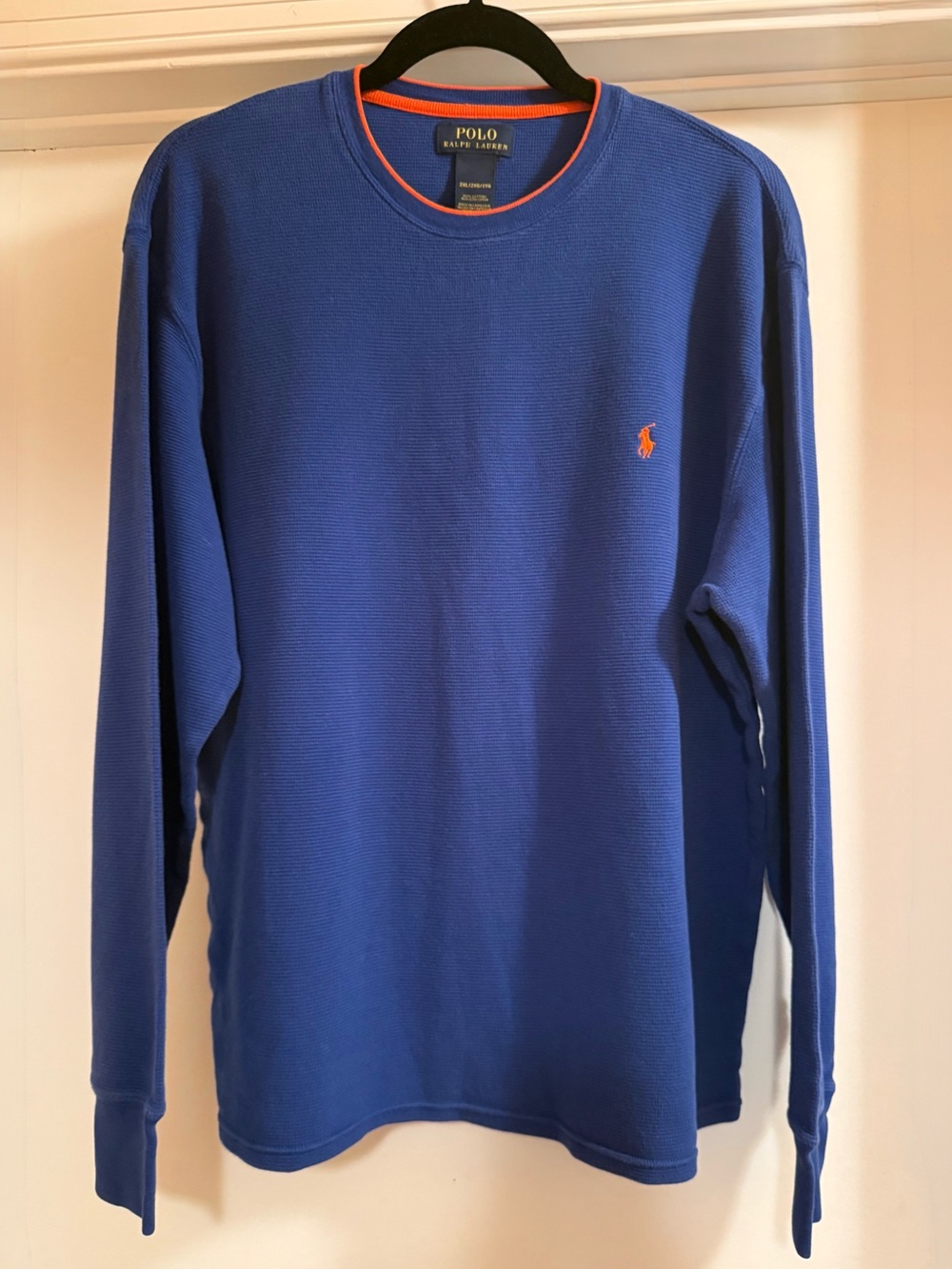 Polo Ralph Lauren Men's Waffle Knit Thermal Crewneck 2XL Royal Blue Orange Pony